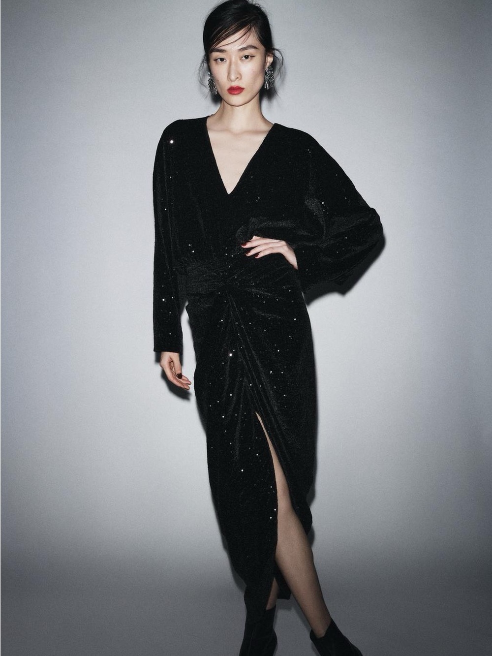 NWT. Zara ZW Collection Black Velvet Sequin V-neck Long Dress. Size S.